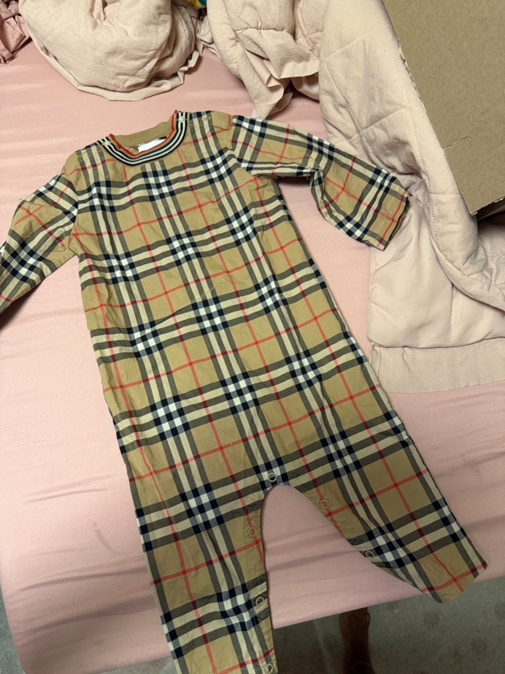 Burberry Beige Plaid Footie with Navy and Red Trim